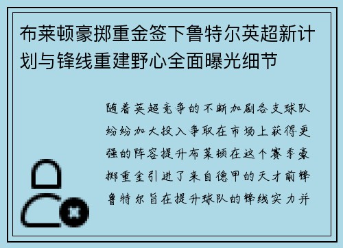 布莱顿豪掷重金签下鲁特尔英超新计划与锋线重建野心全面曝光细节